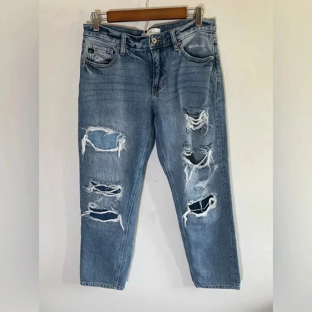 KANCAN Heavily Distressed Boyfriend Jeans Crop Size 7 27” (Actual 31”) Patch 084